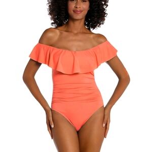 La Blanca Island Goddess Off Shoulder Ruffle One Piece Coral Sz6 Beach Vaca